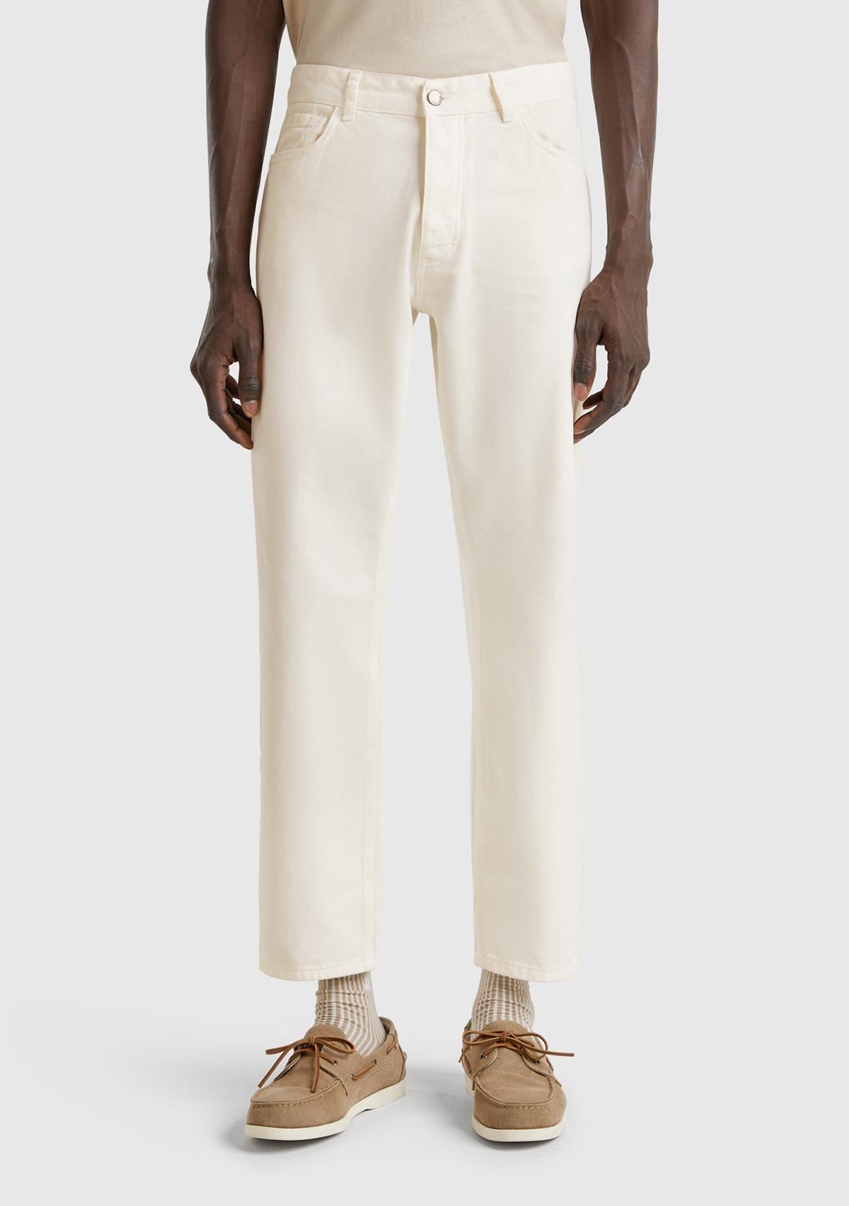  Erkek Beyaz %100 Pamuk Beli Logo Etiketli 5 Cepli Straight Fit Pantolon