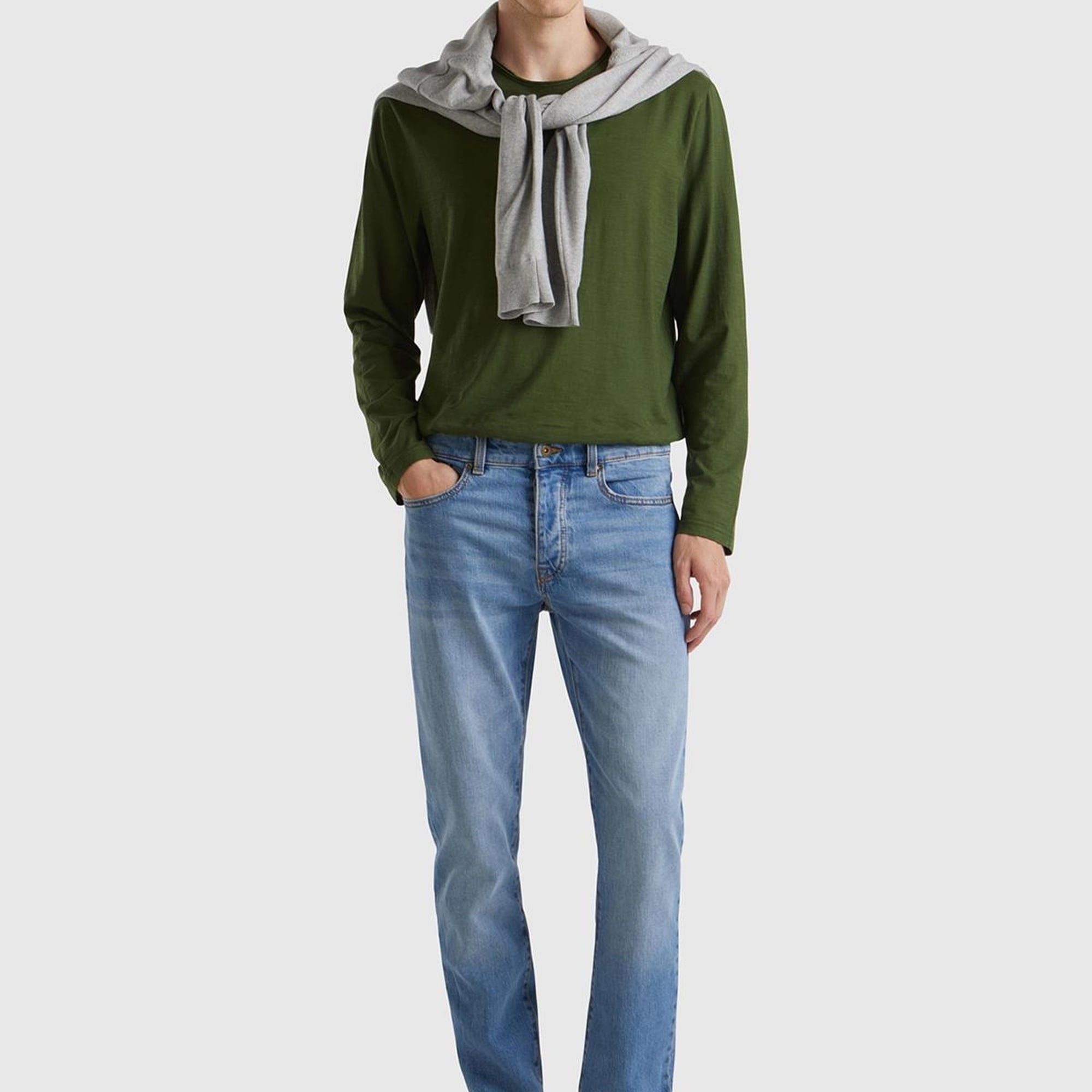 Erkek Açık Mavi Pamuk Karışımlı Arkası Logo Etiketli Cepli Slim Fit Denim Pantolon