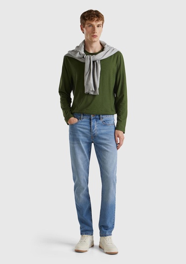  Erkek Açık Mavi Pamuk Karışımlı Arkası Logo Etiketli Cepli Slim Fit Denim Pantolon