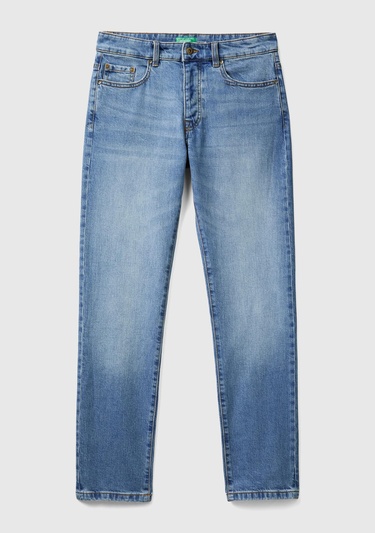  Erkek Açık Mavi Pamuk Karışımlı Arkası Logo Etiketli Cepli Slim Fit Denim Pantolon