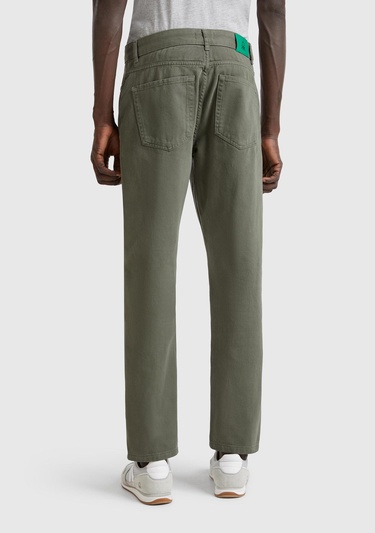  Erkek Soluk Yeşil %100 Pamuk Beli Logo Etiketli 5 Cepli Straight Fit Pantolon