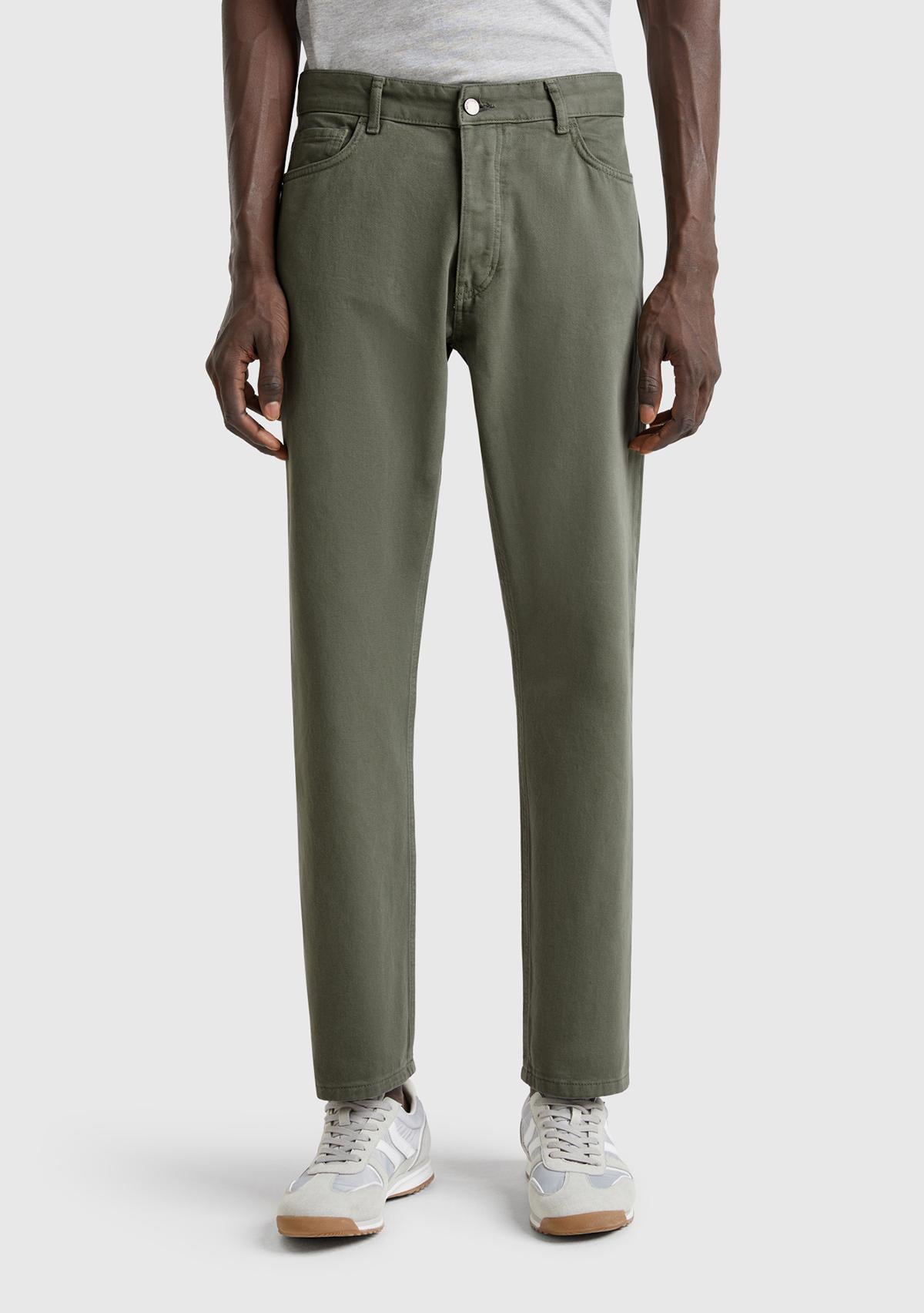  Erkek Soluk Yeşil %100 Pamuk Beli Logo Etiketli 5 Cepli Straight Fit Pantolon