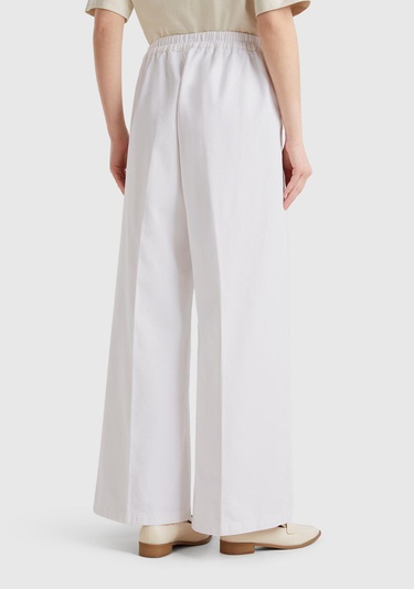  Kadın Beyaz %100 Pamuk Arka Beli Lastikli Palazzo Pantolon