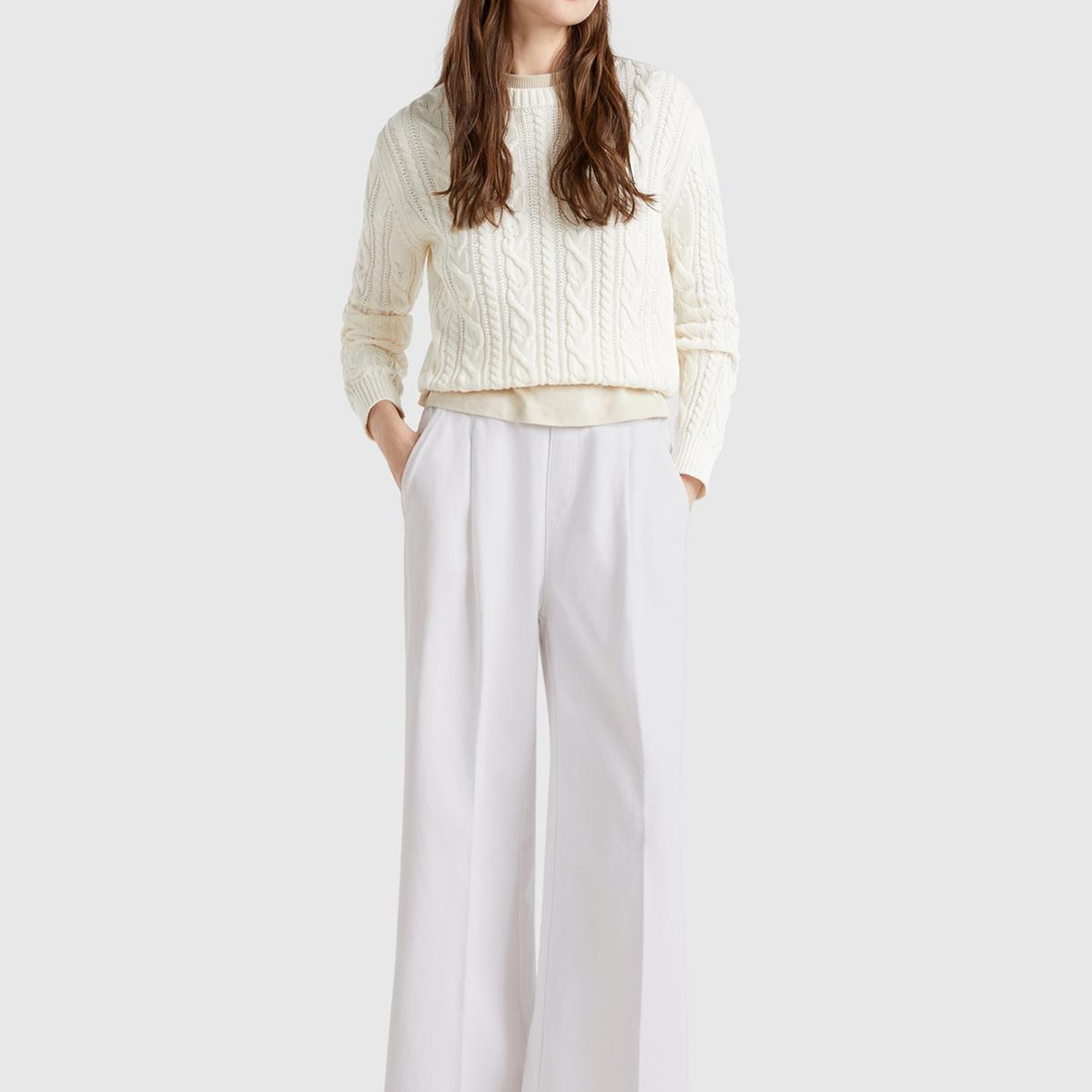 Kadın Beyaz %100 Pamuk Arka Beli Lastikli Palazzo Pantolon