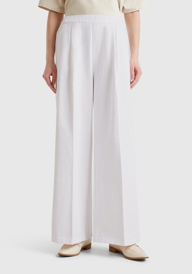  Kadın Beyaz %100 Pamuk Arka Beli Lastikli Palazzo Pantolon
