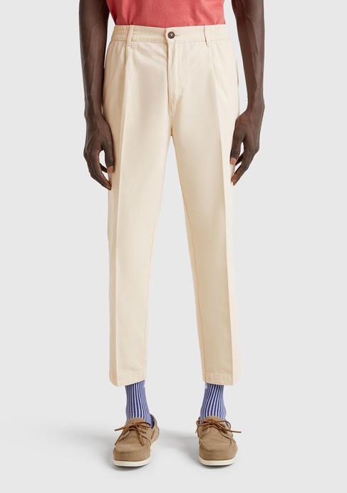  Erkek Taş Rengi %100 Pamuk Düğmeli Beli Lastikli Havuç Kesim Chino Pantolon