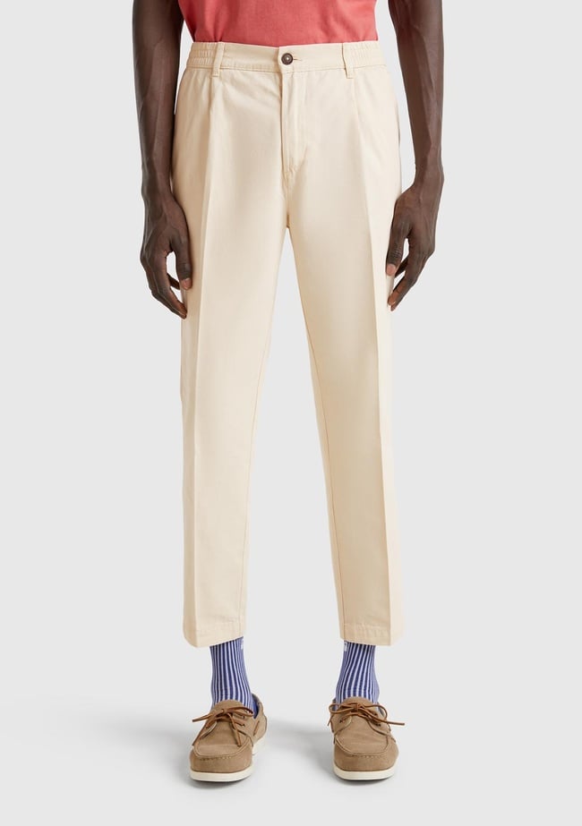  Erkek Taş Rengi %100 Pamuk Düğmeli Beli Lastikli Havuç Kesim Chino Pantolon