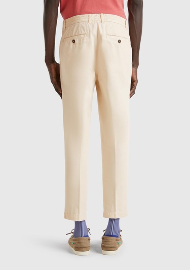  Erkek Taş Rengi %100 Pamuk Düğmeli Beli Lastikli Havuç Kesim Chino Pantolon