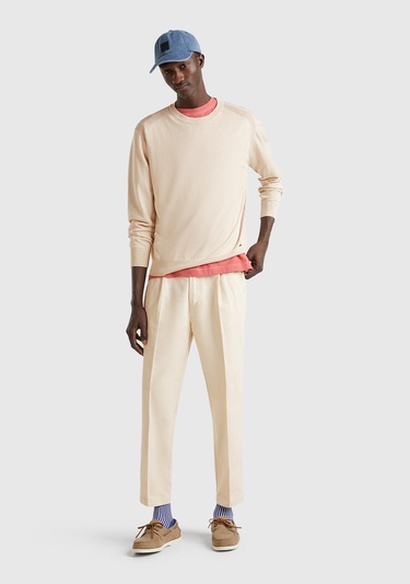  Erkek Taş Rengi %100 Pamuk Düğmeli Beli Lastikli Havuç Kesim Chino Pantolon