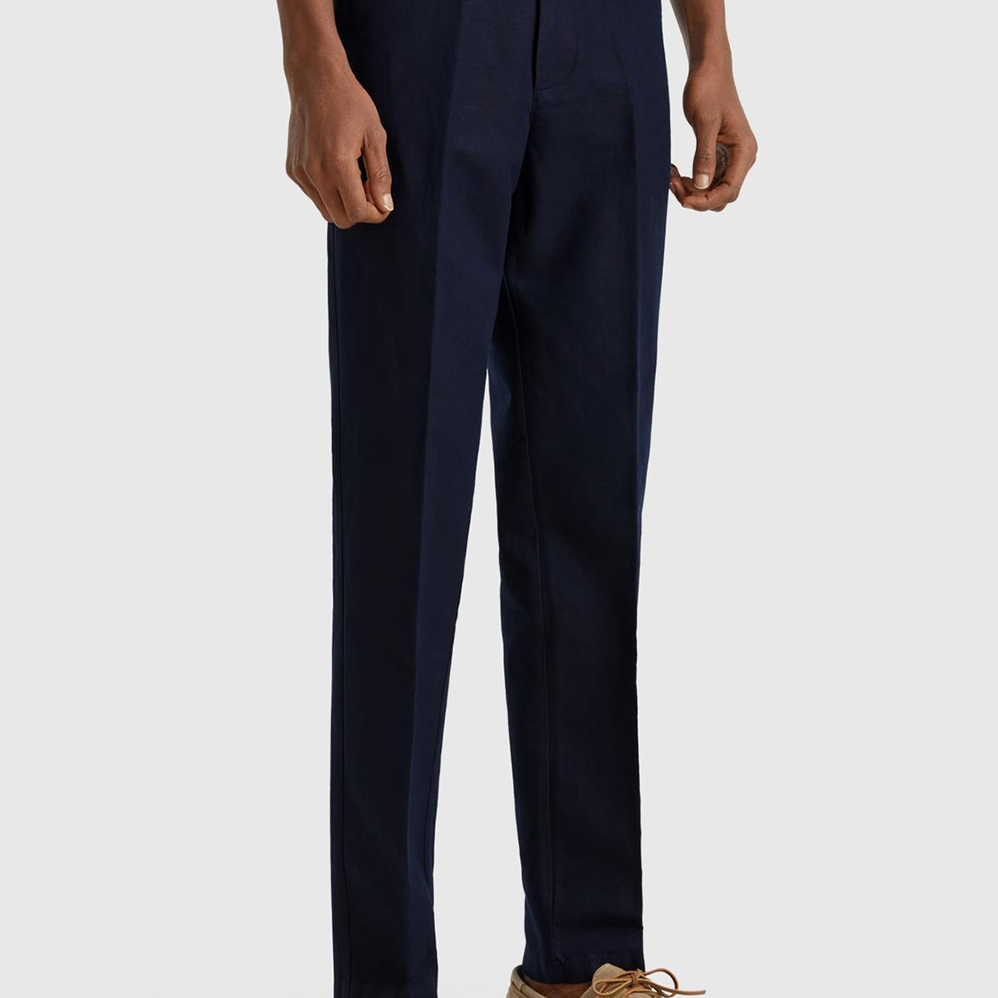 Erkek Lacivert Keten Karışımlı Cebi Biyeli Düz Kalıp Pantolon