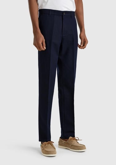  Erkek Lacivert Keten Karışımlı Cebi Biyeli Düz Kalıp Pantolon
