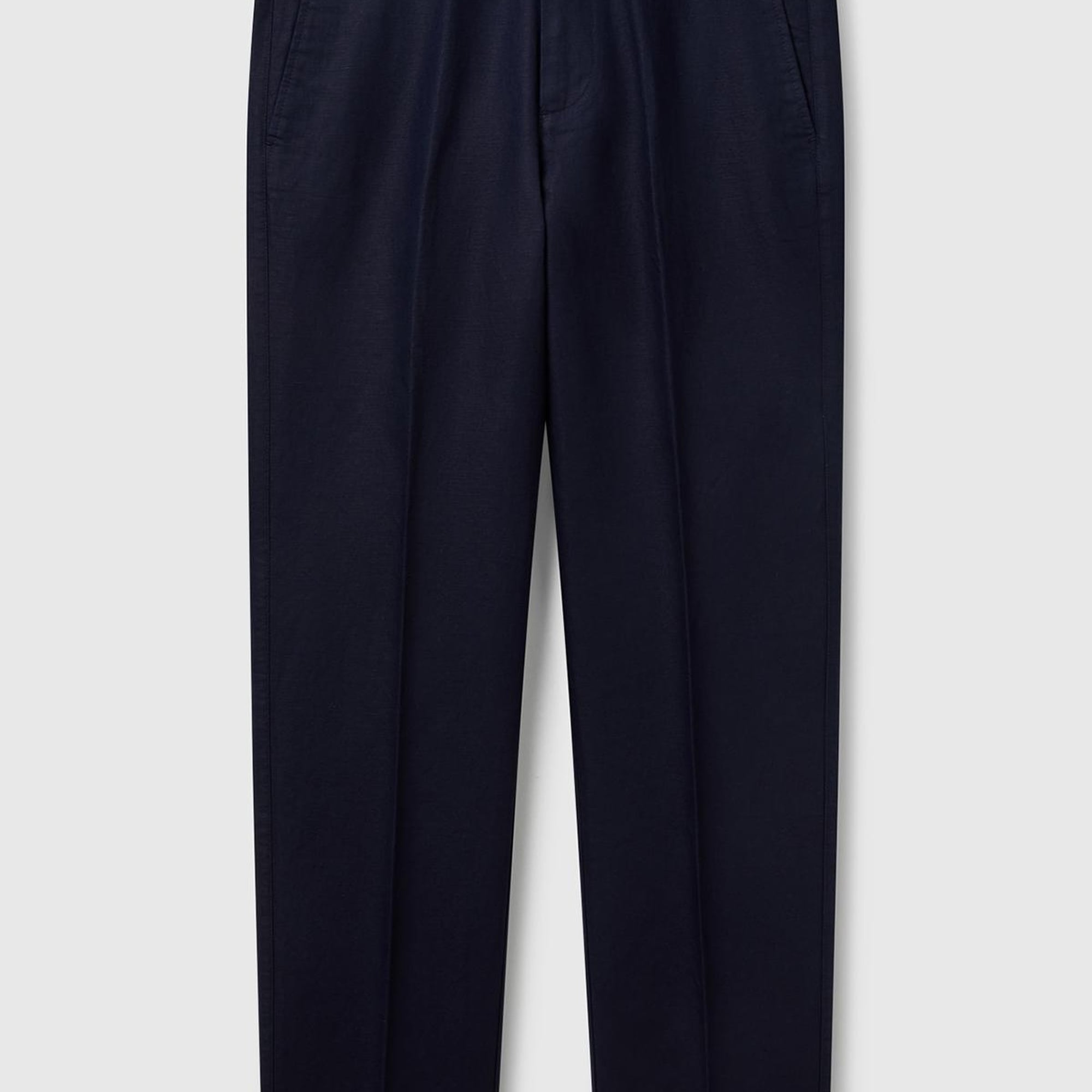 Erkek Lacivert Keten Karışımlı Cebi Biyeli Düz Kalıp Pantolon