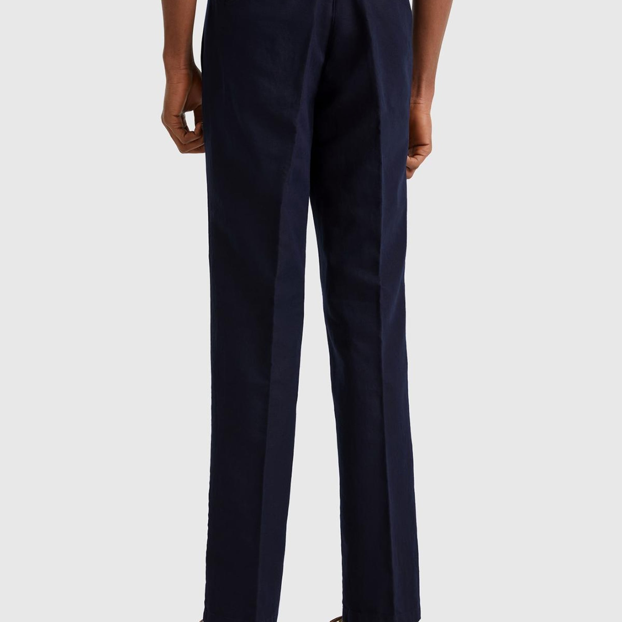 Erkek Lacivert Keten Karışımlı Cebi Biyeli Düz Kalıp Pantolon