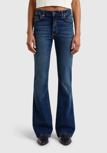  Kadın Koyu Mavi Streç Pamuklu Cepli Normal Bel İspanyol Paça Denim Pantolon