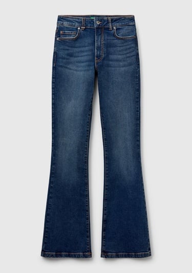  Kadın Koyu Mavi Streç Pamuklu Cepli Normal Bel İspanyol Paça Denim Pantolon