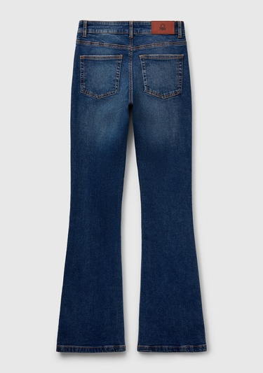  Kadın Koyu Mavi Streç Pamuklu Cepli Normal Bel İspanyol Paça Denim Pantolon