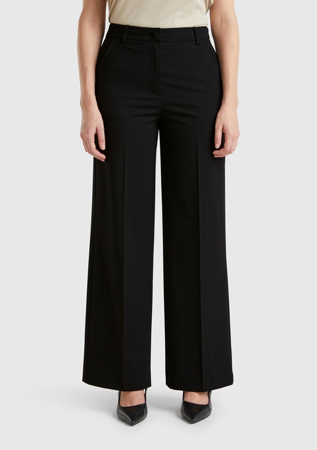  Kadın Siyah Streç Kumaşlı Yüksek Bel Wide Leg Pantolon