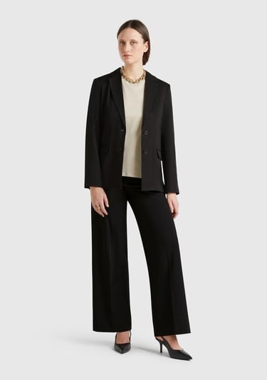  Kadın Siyah Streç Kumaşlı Yüksek Bel Wide Leg Pantolon
