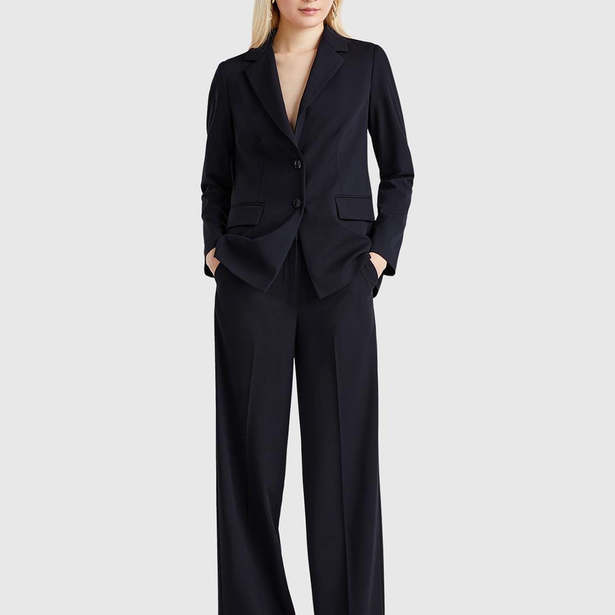 Kadın Lacivert Streç Kumaşlı Yüksek Bel Wide Leg Pantolon