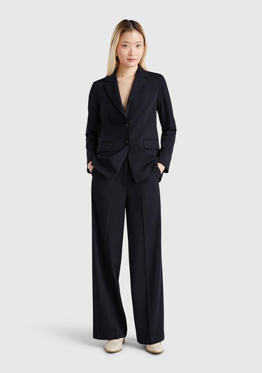  Kadın Lacivert Streç Kumaşlı Yüksek Bel Wide Leg Pantolon