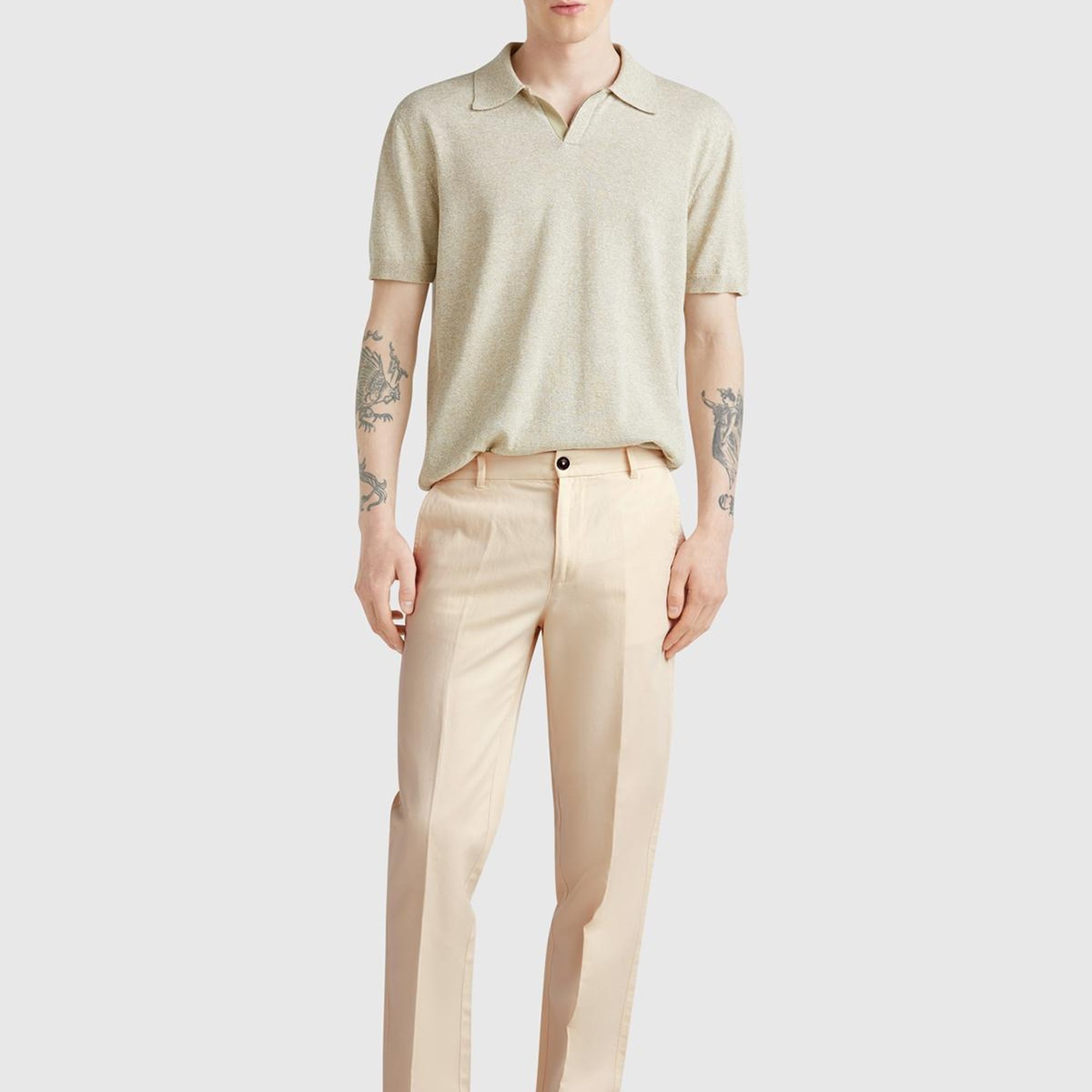 Erkek Bej Keten Karışımlı Cebi Biyeli Düz Kalıp Pantolon