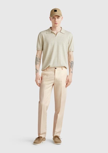 Erkek Bej Keten Karışımlı Cebi Biyeli Düz Kalıp Pantolon