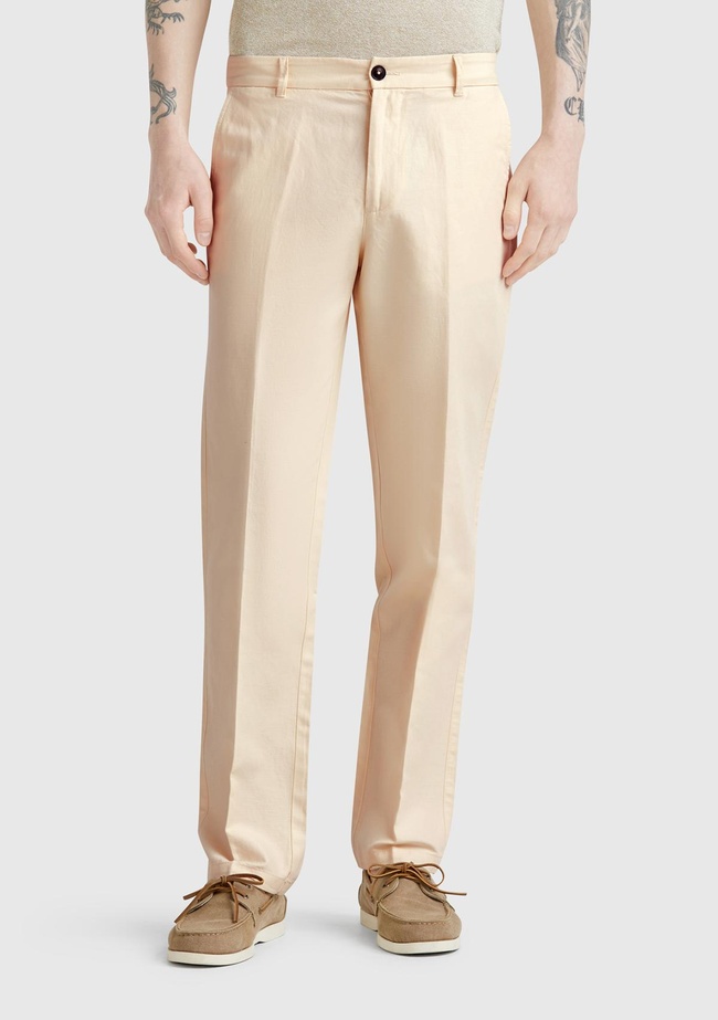  Erkek Bej Keten Karışımlı Cebi Biyeli Düz Kalıp Pantolon