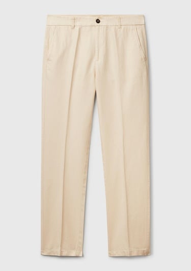  Erkek Bej Keten Karışımlı Cebi Biyeli Düz Kalıp Pantolon