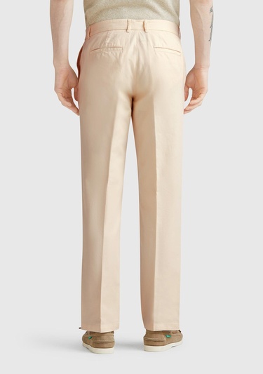  Erkek Bej Keten Karışımlı Cebi Biyeli Düz Kalıp Pantolon