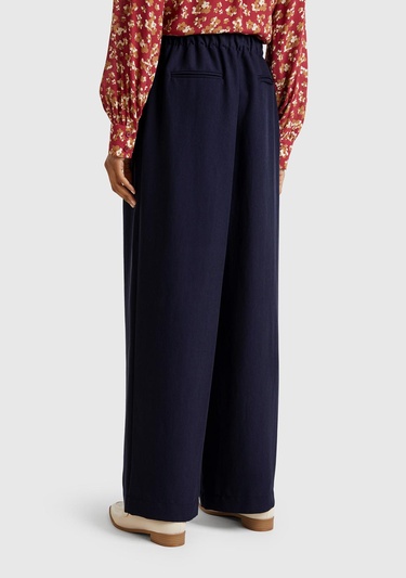  Kadın Lacivert Liyosel Karışımlı Beli Lastikli Geniş Paça Pantolon