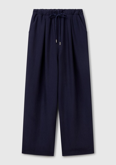  Kadın Lacivert Liyosel Karışımlı Beli Lastikli Geniş Paça Pantolon