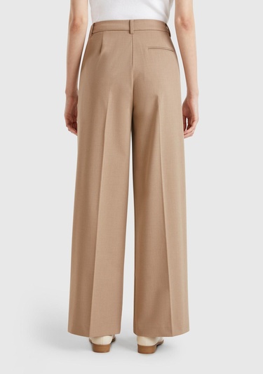  Kadın Bej Streç Kumaşlı Yüksek Bel Wide Leg Pantolon