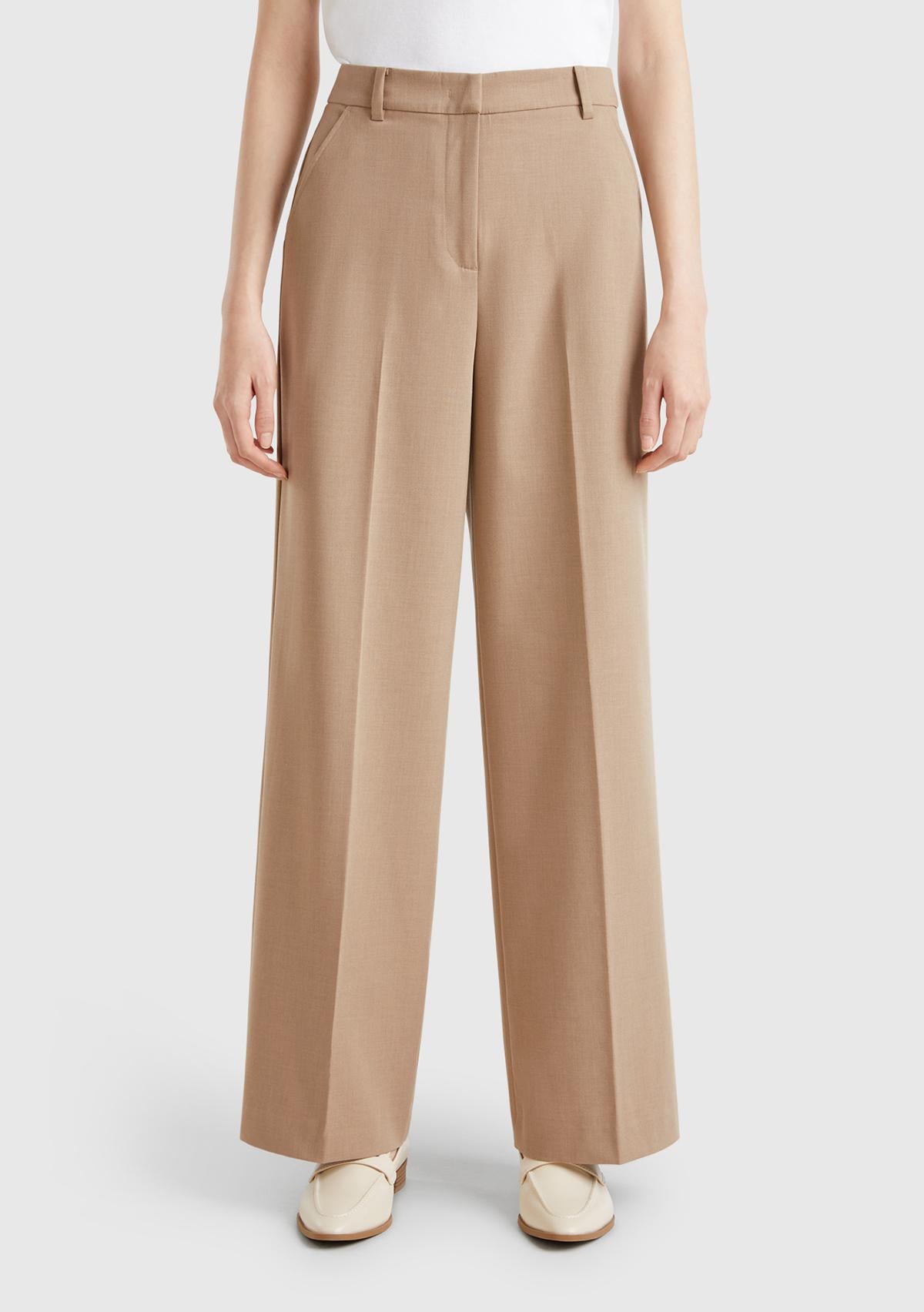  Kadın Bej Streç Kumaşlı Yüksek Bel Wide Leg Pantolon