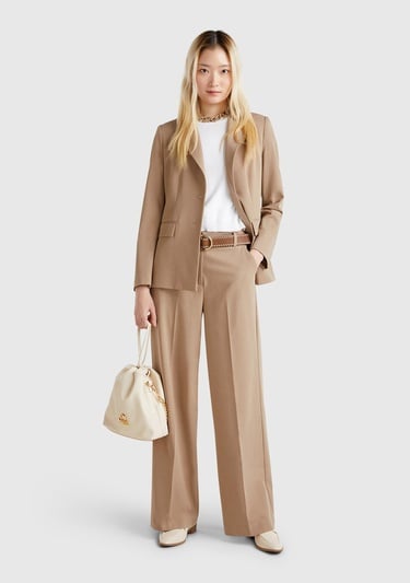  Kadın Bej Streç Kumaşlı Yüksek Bel Wide Leg Pantolon