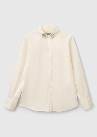  Kadın Krem Koton Karışımlı Yakası İşlemeli Regular Fit Gömlek