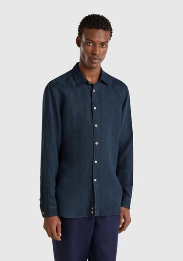  Erkek Lacivert %100 Keten Gömlek
