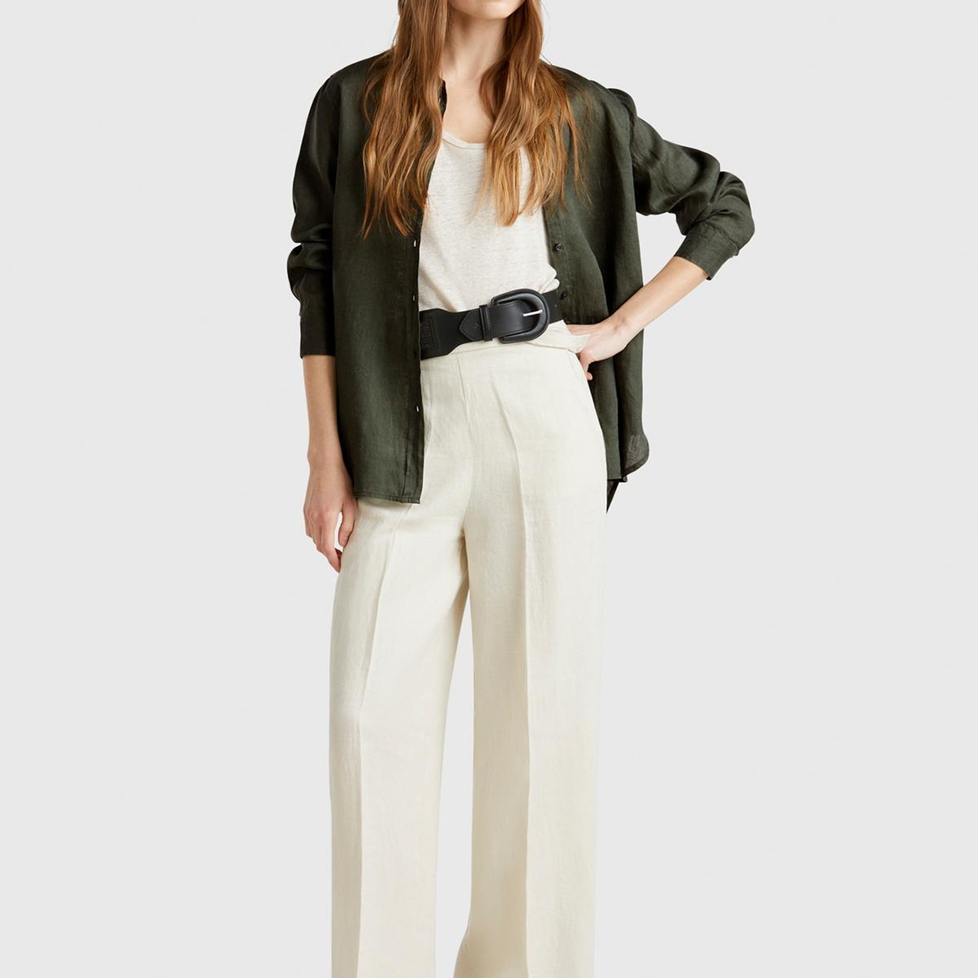 Kadın Haki %100 Keten Gömlek