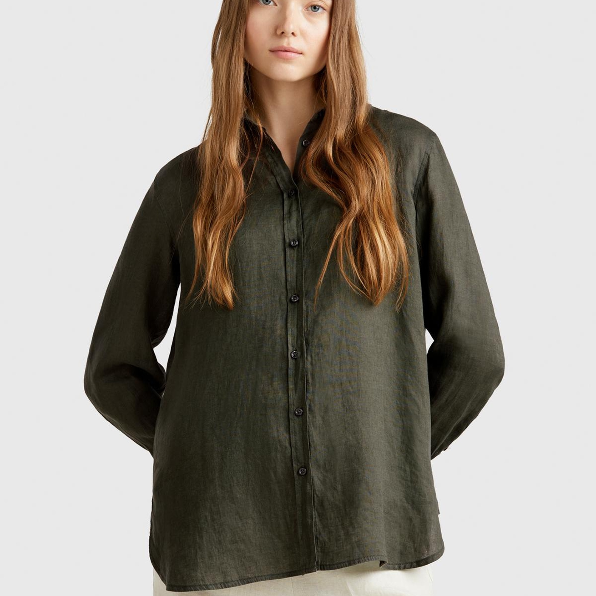 Kadın Haki %100 Keten Gömlek