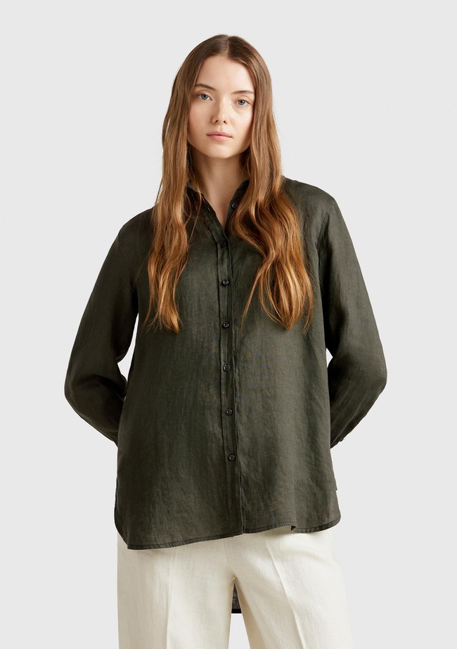  Kadın Haki %100 Keten Gömlek