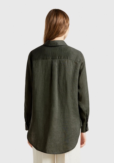  Kadın Haki %100 Keten Gömlek