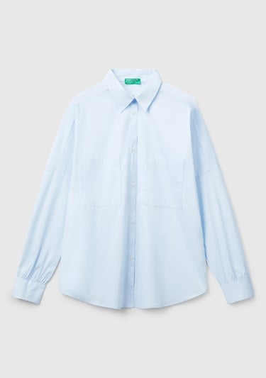  Kadın Açık Mavi Pamuk Karışımlı Kolu Büzgülü Düşük Omuzlu Oversize Gömlek