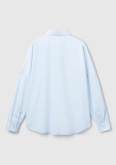  Kadın Açık Mavi Pamuk Karışımlı Kolu Büzgülü Düşük Omuzlu Oversize Gömlek