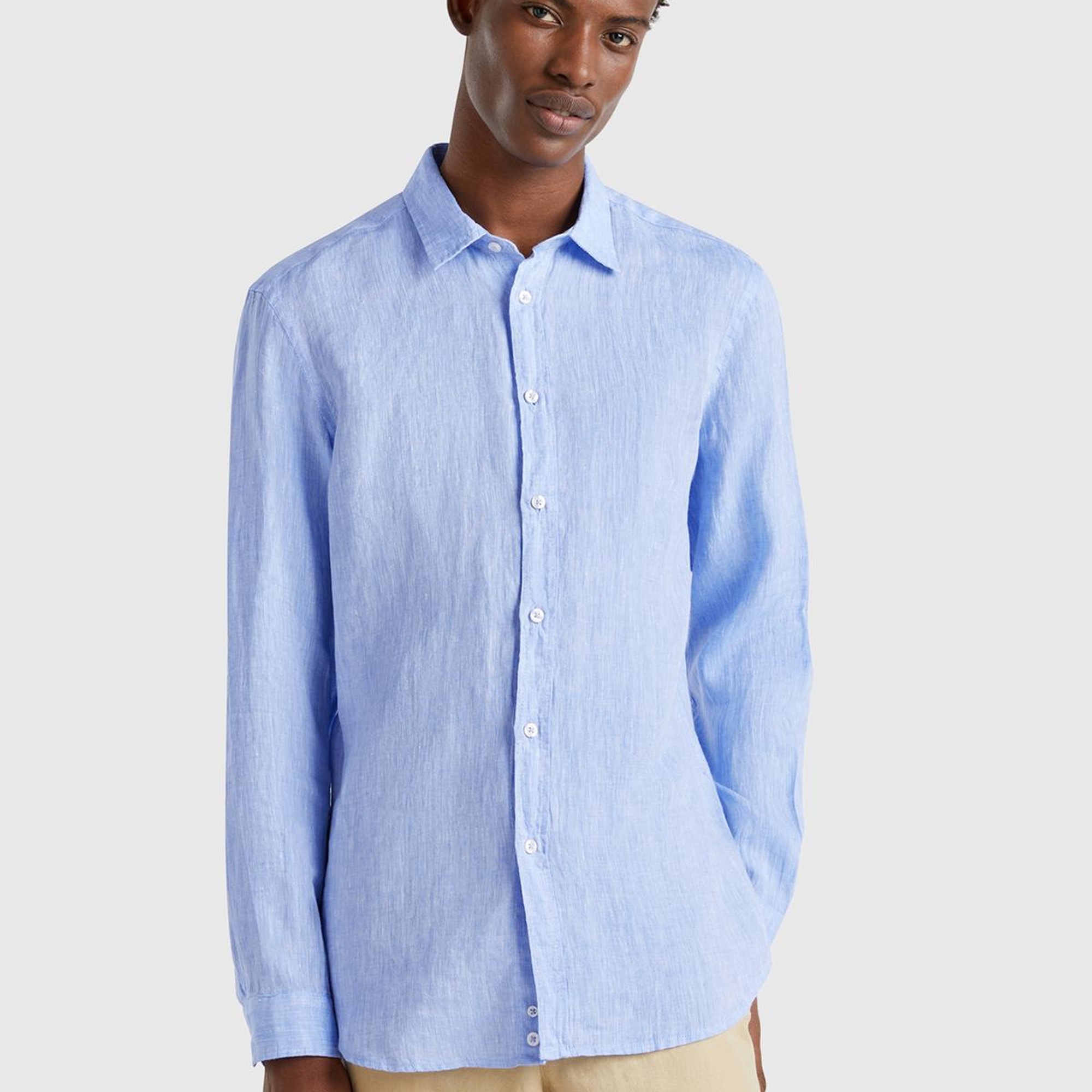 Erkek Mavi %100 Keten Gömlek