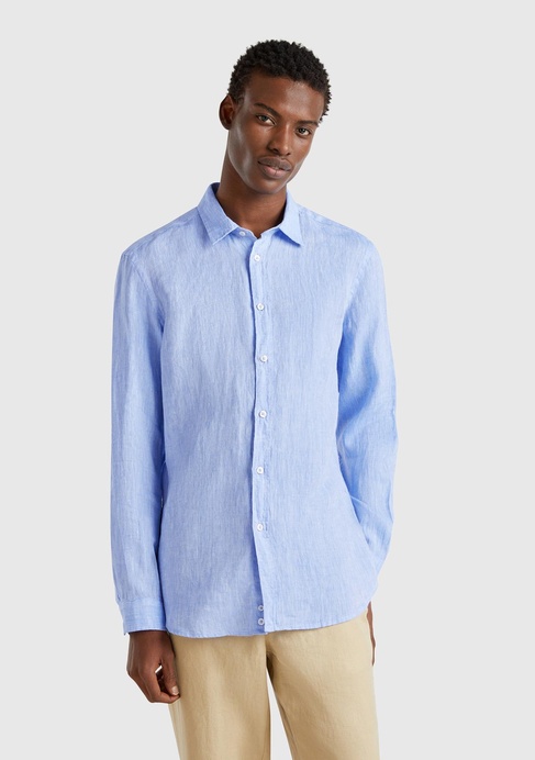  Erkek Mavi %100 Keten Gömlek