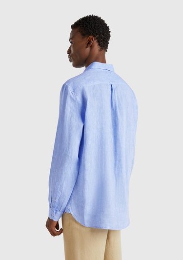  Erkek Mavi %100 Keten Gömlek