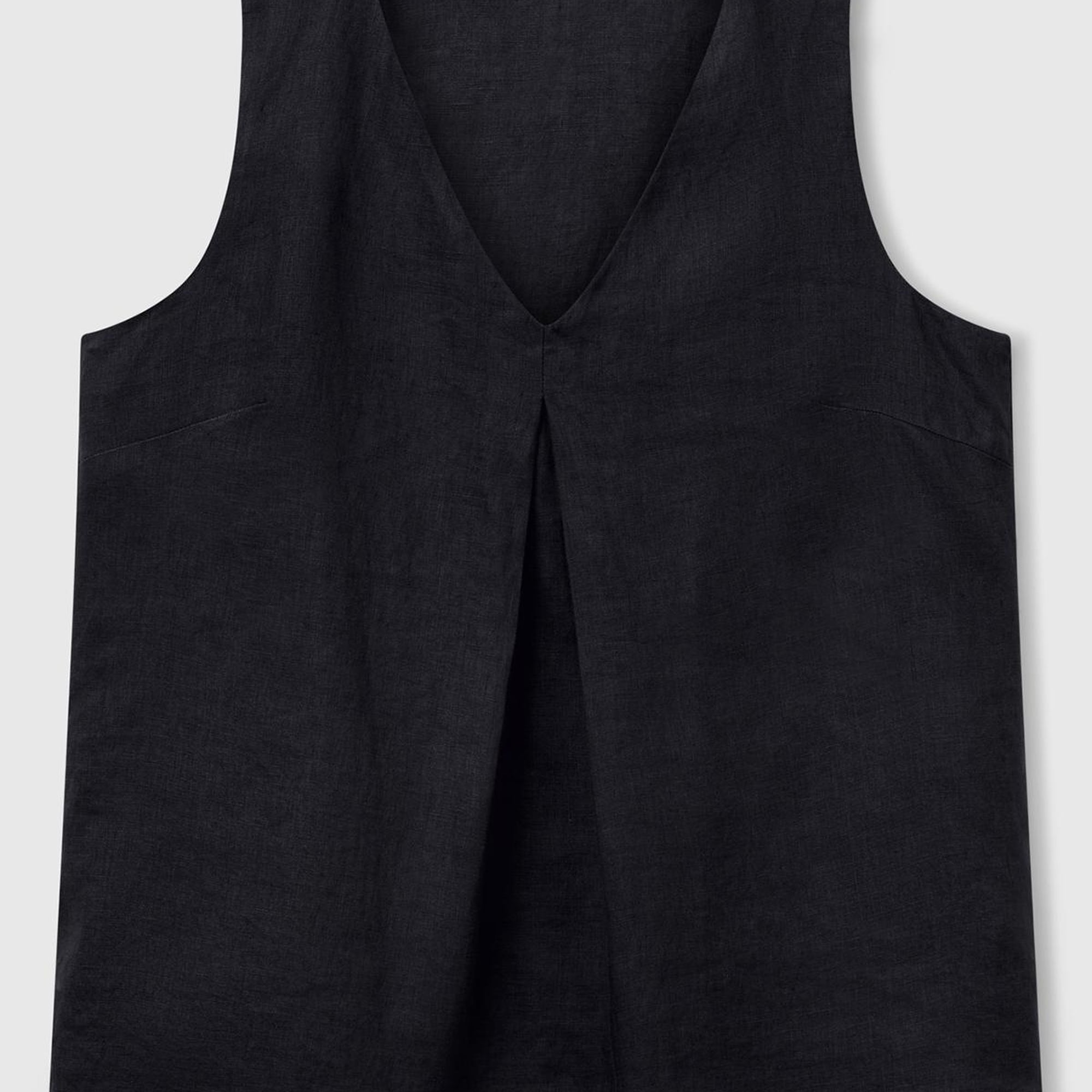 Kadın Siyah %100 Keten V Yaka Kolsuz Geniş Kesim Bluz