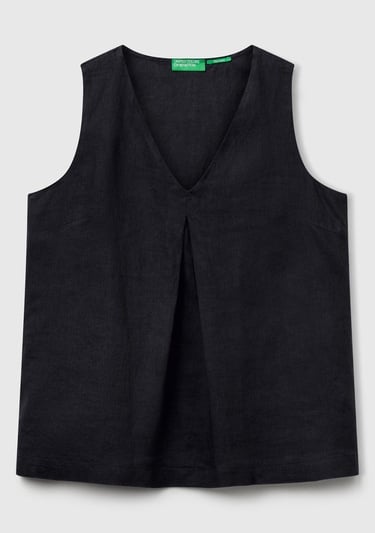  Kadın Siyah %100 Keten V Yaka Kolsuz Geniş Kesim Bluz