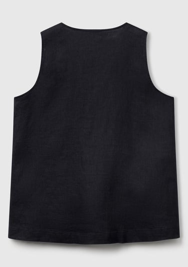  Kadın Siyah %100 Keten V Yaka Kolsuz Geniş Kesim Bluz