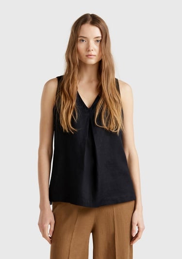  Kadın Siyah %100 Keten V Yaka Kolsuz Geniş Kesim Bluz