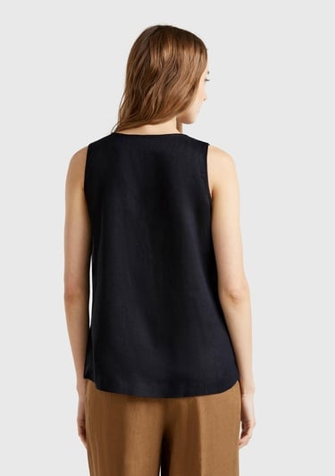  Kadın Siyah %100 Keten V Yaka Kolsuz Geniş Kesim Bluz